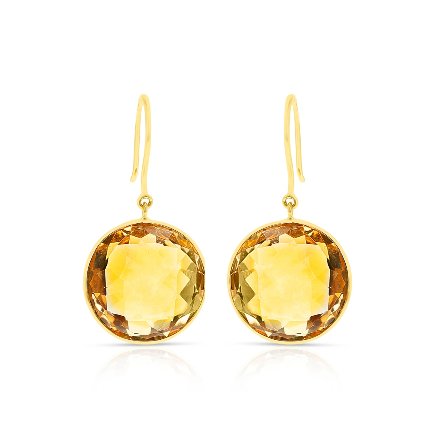 Citrine Round Shape Dangling Earrings made in 18 Karat Yellow Gold.