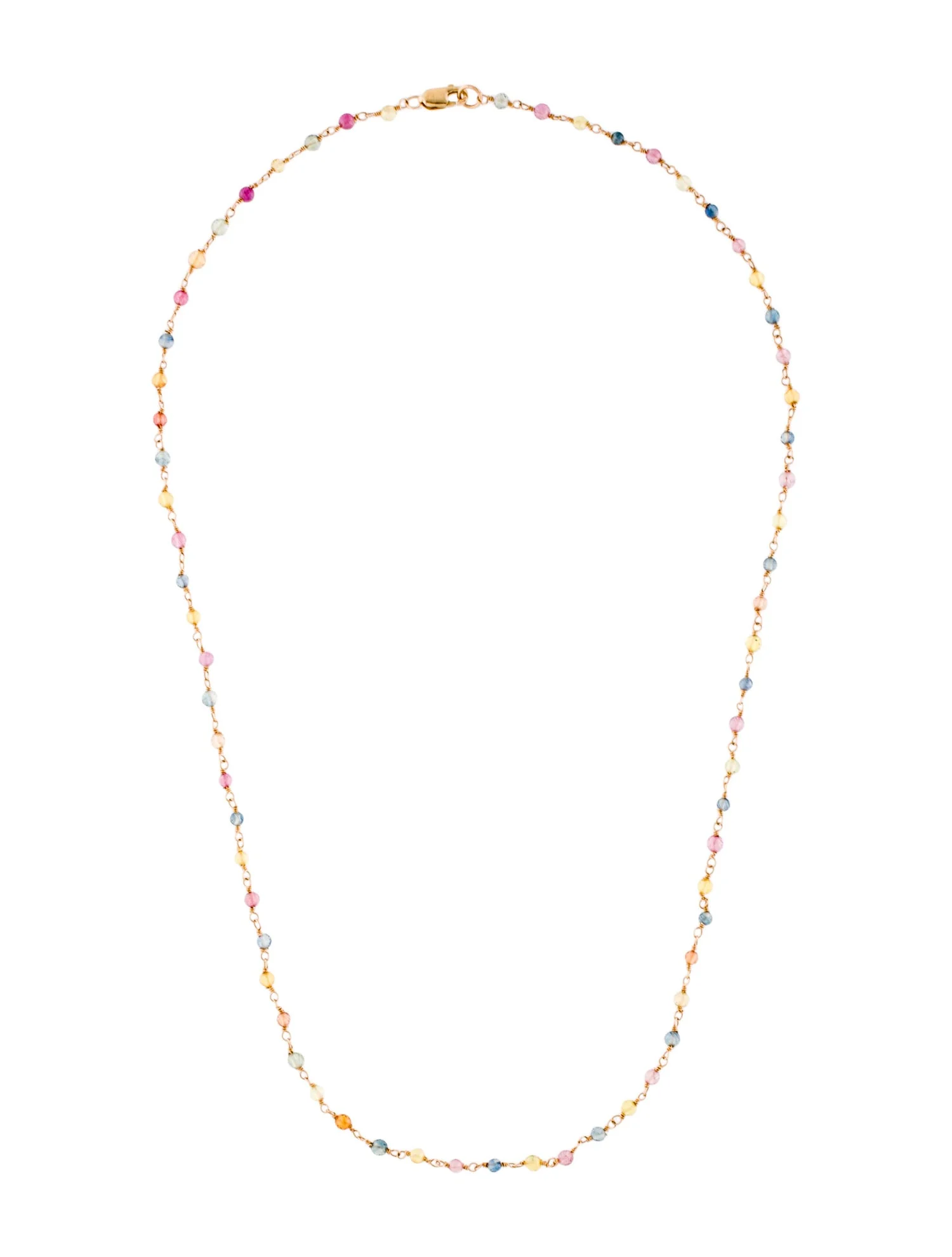 Multi-Colored Sapphire Round Beads Wire Wrap Necklace, Yellow Gold