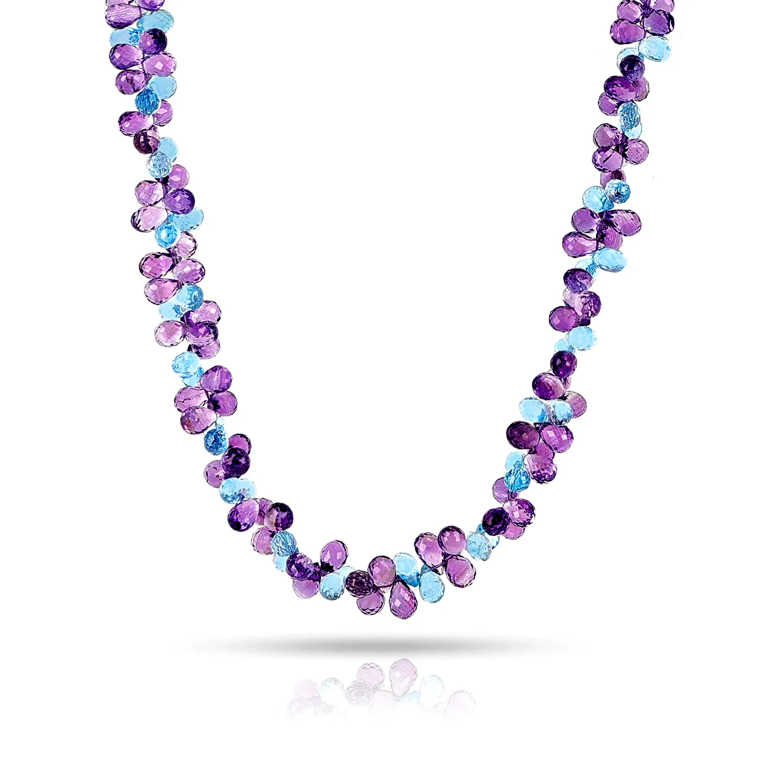 Amethyst and Blue Topaz Briolette Beads Necklace, 14k