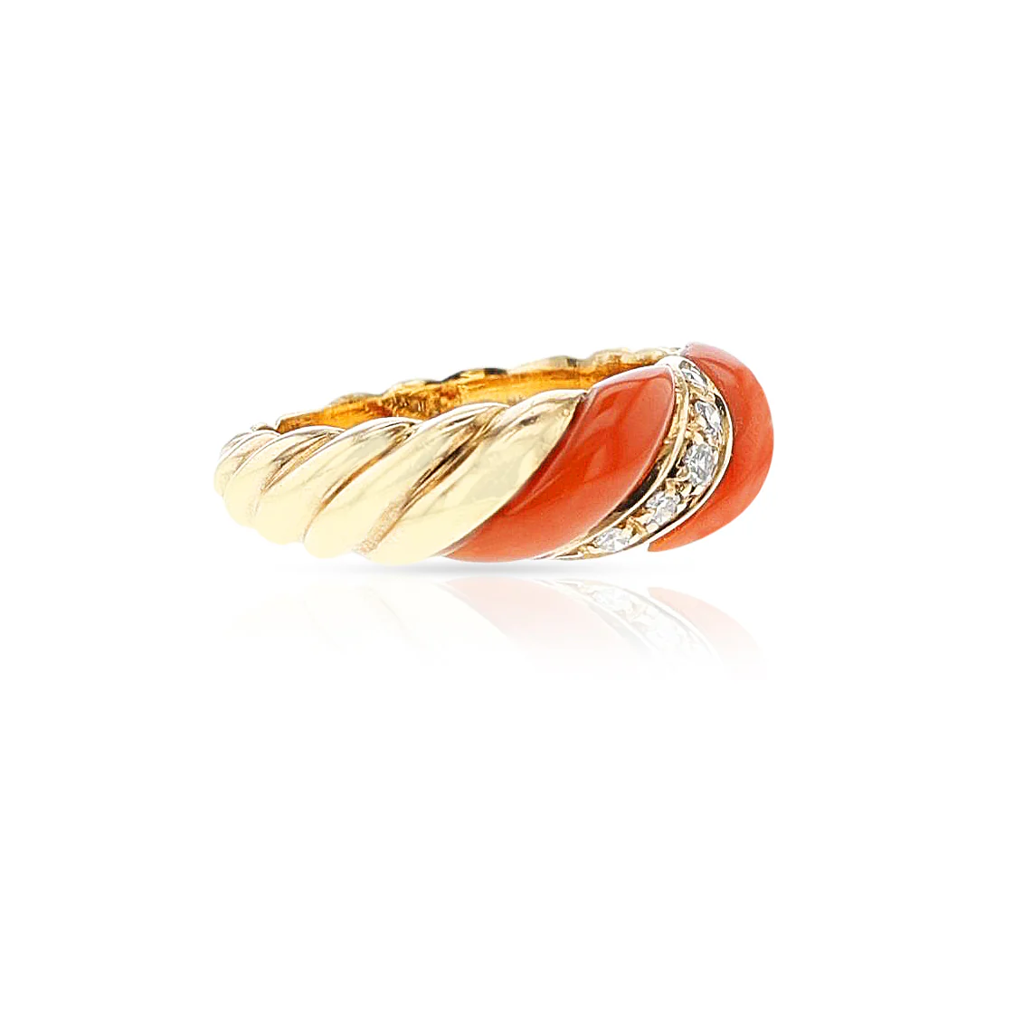 Coral, Diamond and Gold Twisted Ring, 18k
