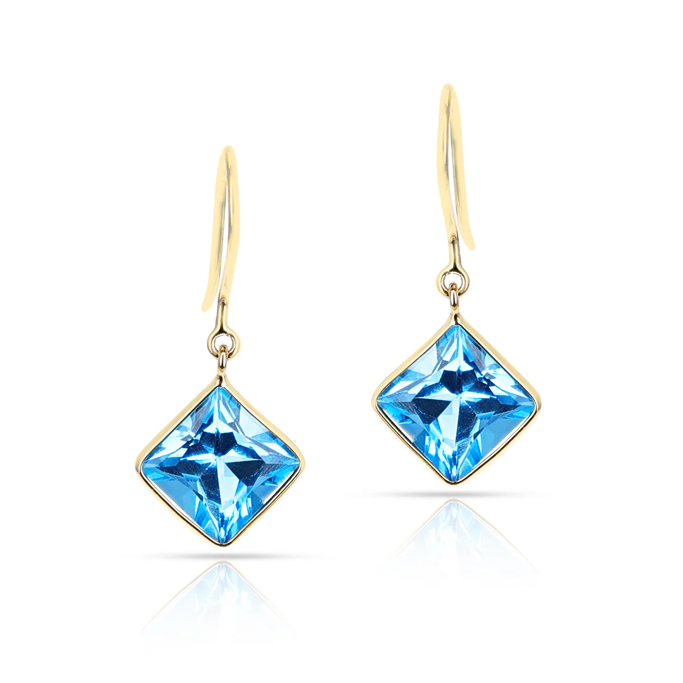 Blue Topaz Cushion Dangling Earrings made in 18 Karat Yellow Gold.