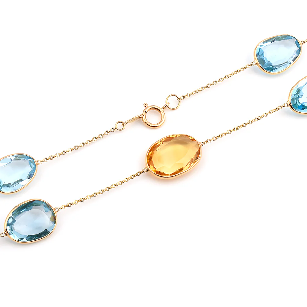 Oval shape Blue Topaz and Citrine Necklace, 18 Karat Gold