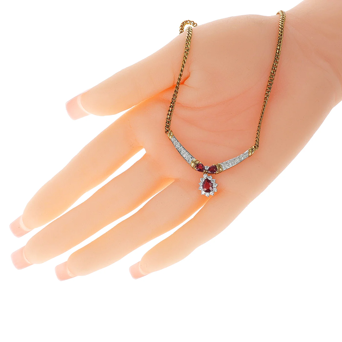 Pear Shape Ruby and Diamond Necklace, 18K Yellow Gold