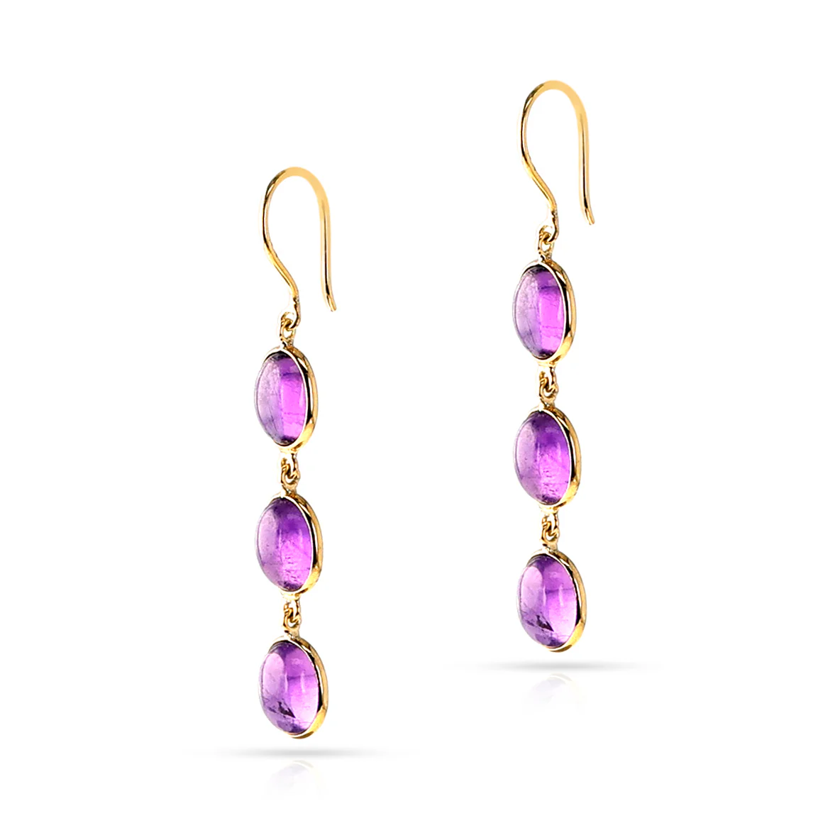 Oval Amethyst Cabochon Trio Dangling Earrings, 18k