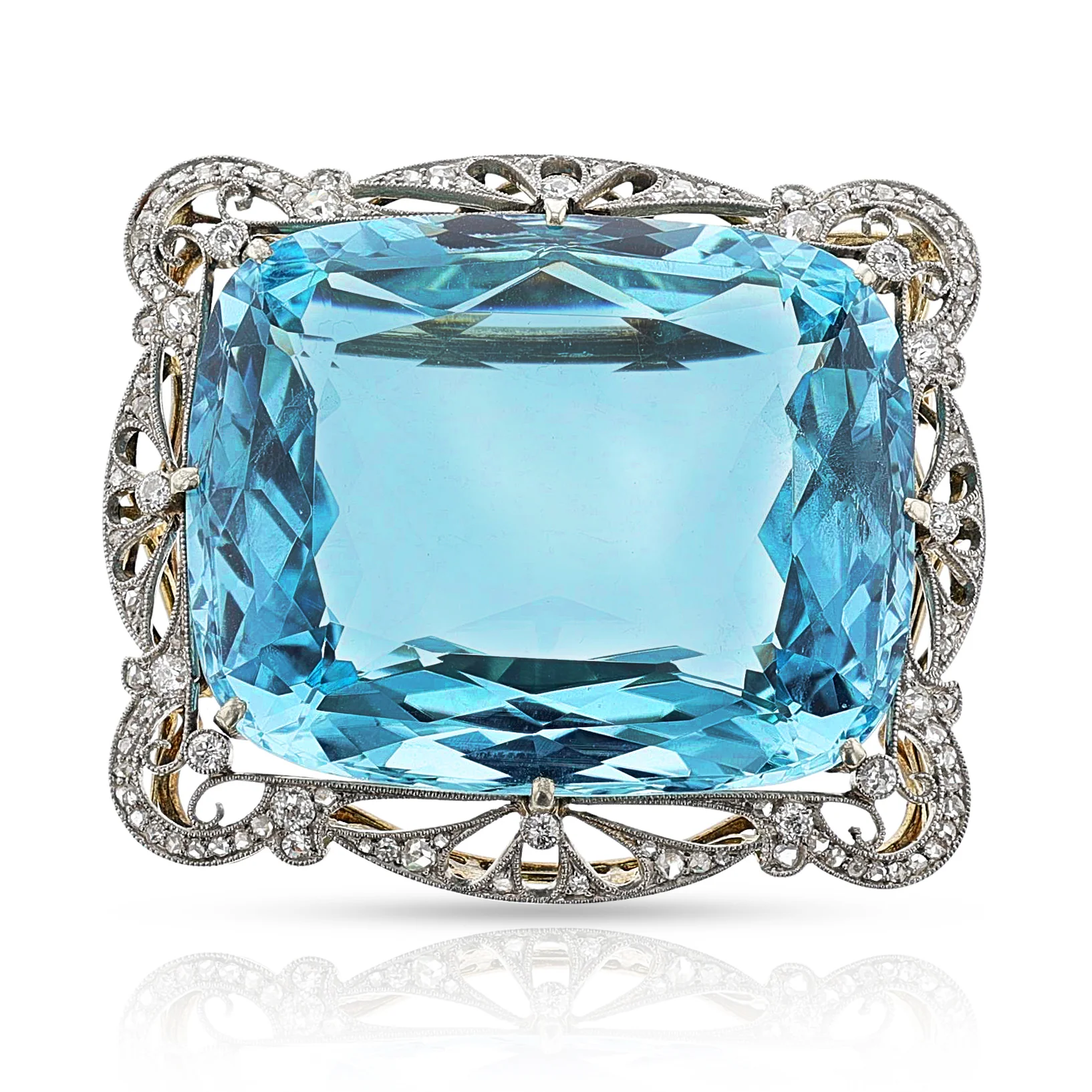 AGL Certified Natural 124.42 ct. Aquamarine and Diamond Brooch, Circa 1900s