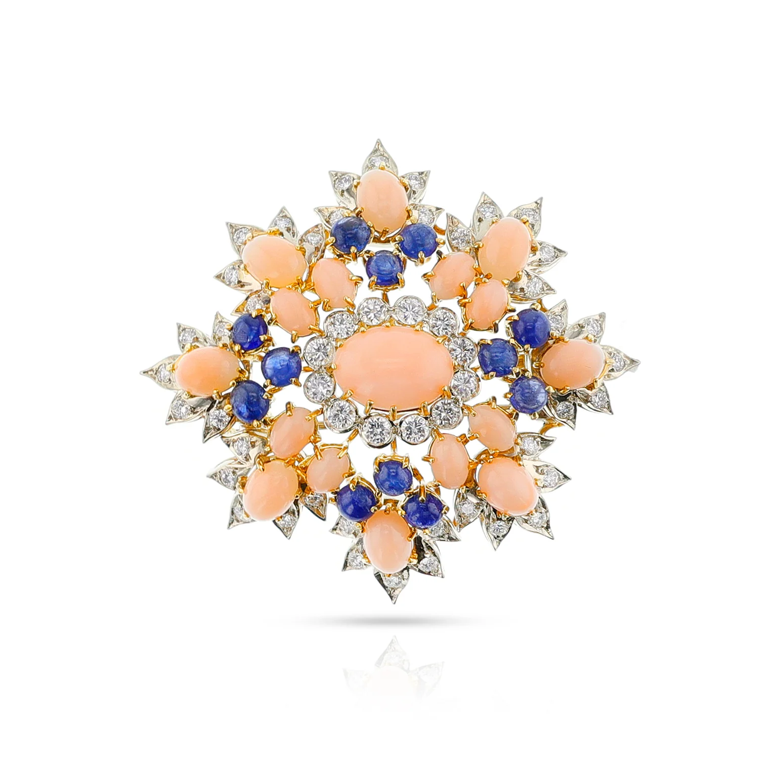 David Webb Coral, Sapphire and Diamond Brooch, Gold & Platinum