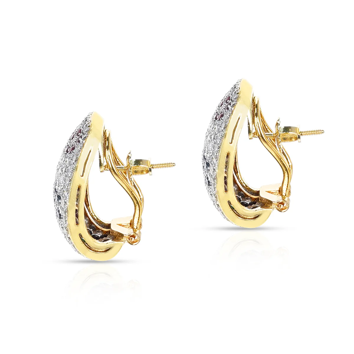 Diamond, Emerald, Ruby and Sapphire Floral Design Earrings, 18k