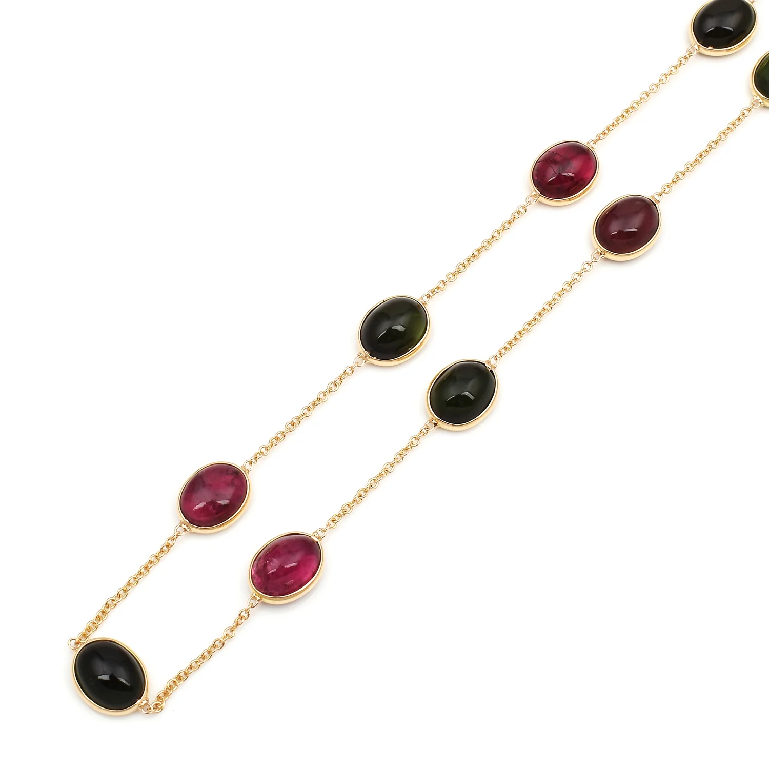 Dark Green and Red Tourmaline Cabochon Necklace, 18K Gold