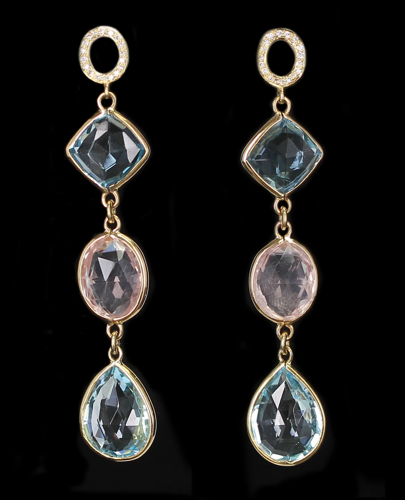 Rose Quartz and Blue Topaz Earrings with Diamonds, 18K Yellow