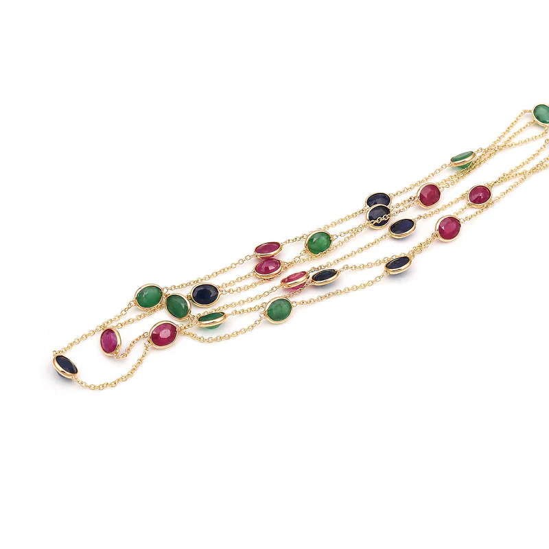 Oval Precious Gemstone Triple Layer Necklace, 18k