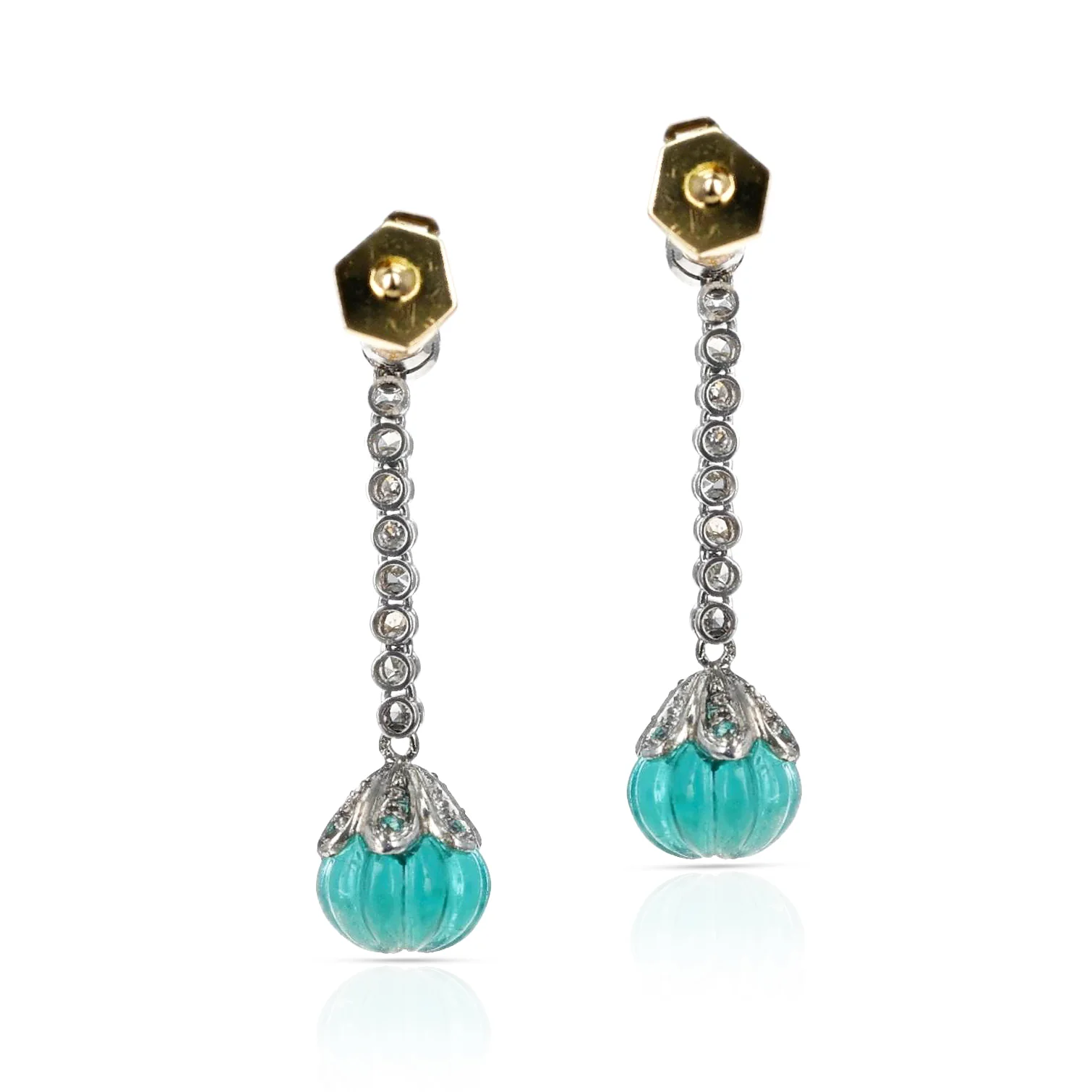 Round Diamond and Emerald Carving Dangling Earrings, 18K Gold