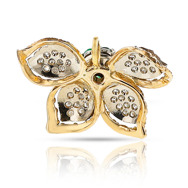 Floral Diamond and Emerald Earring, Ring, Pendant Set, 18k