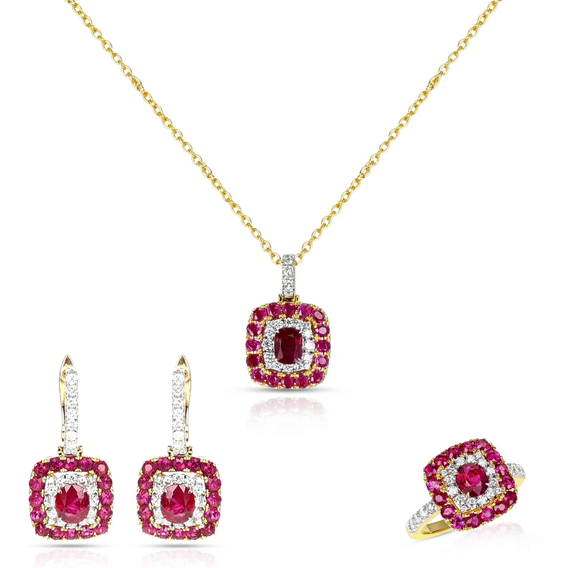 Unheated Burma Ruby Pigeon Blood Set with Ring, Pendant and Earrings, 18k