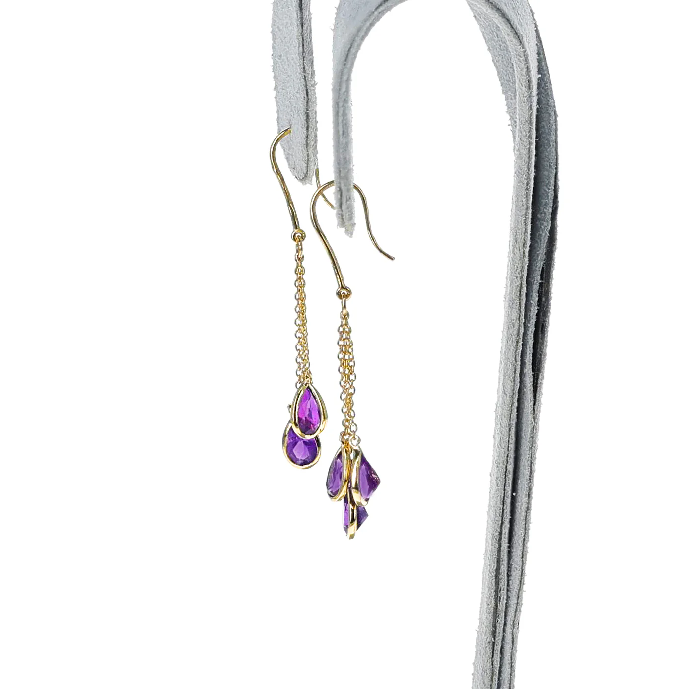 Three Stone Pear Amethyst Dangling Cluster Earrings