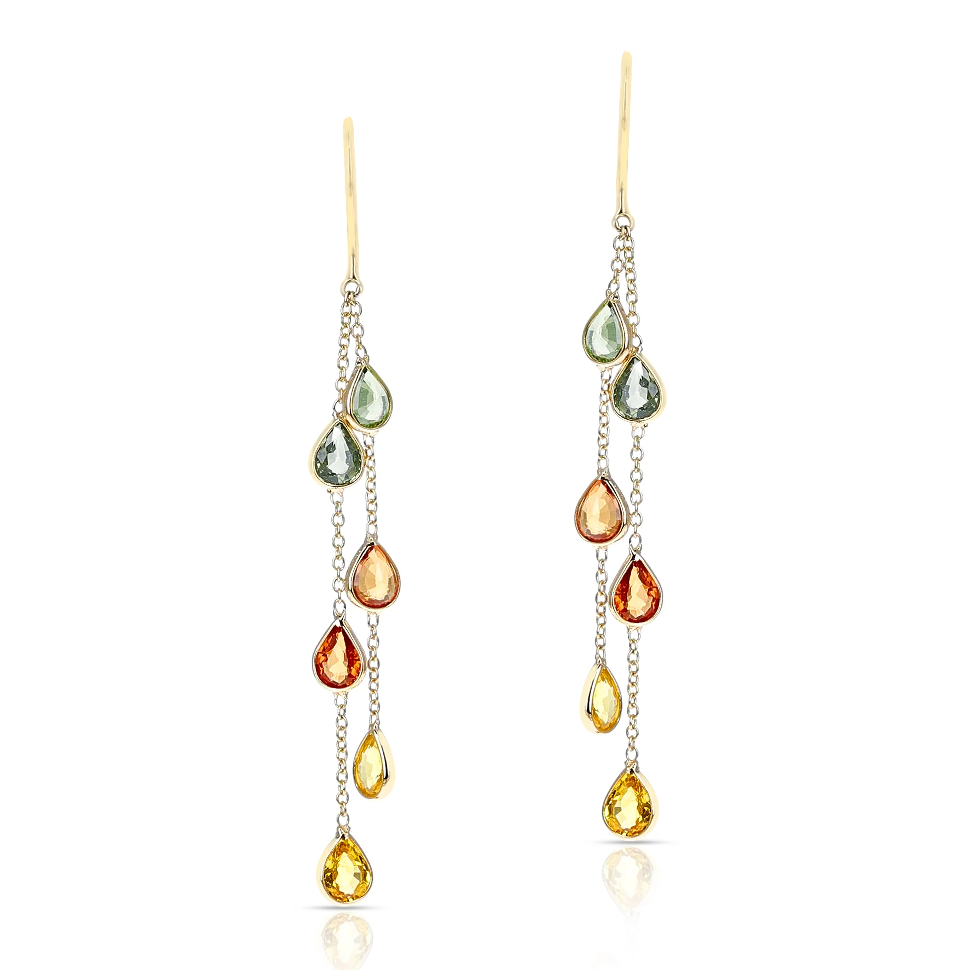 Multi Sapphire Oval Pear Shape Dangling Earrings made in 18 Karat Yellow Gold.