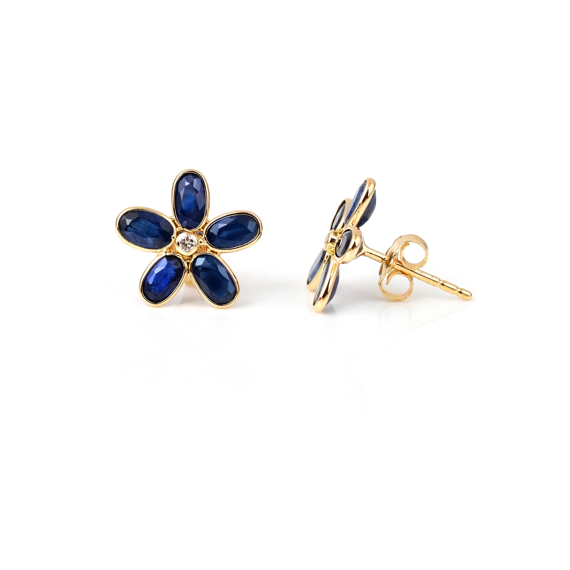 Oval Blue Sapphire Floral Earrings with Diamonds, 18k Yellow Gold