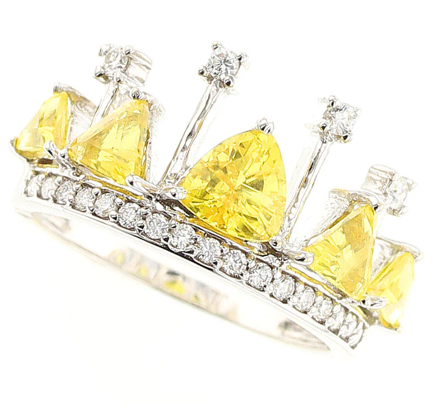 Yellow Sapphire and Diamond Crown Ring. 18K White Gold