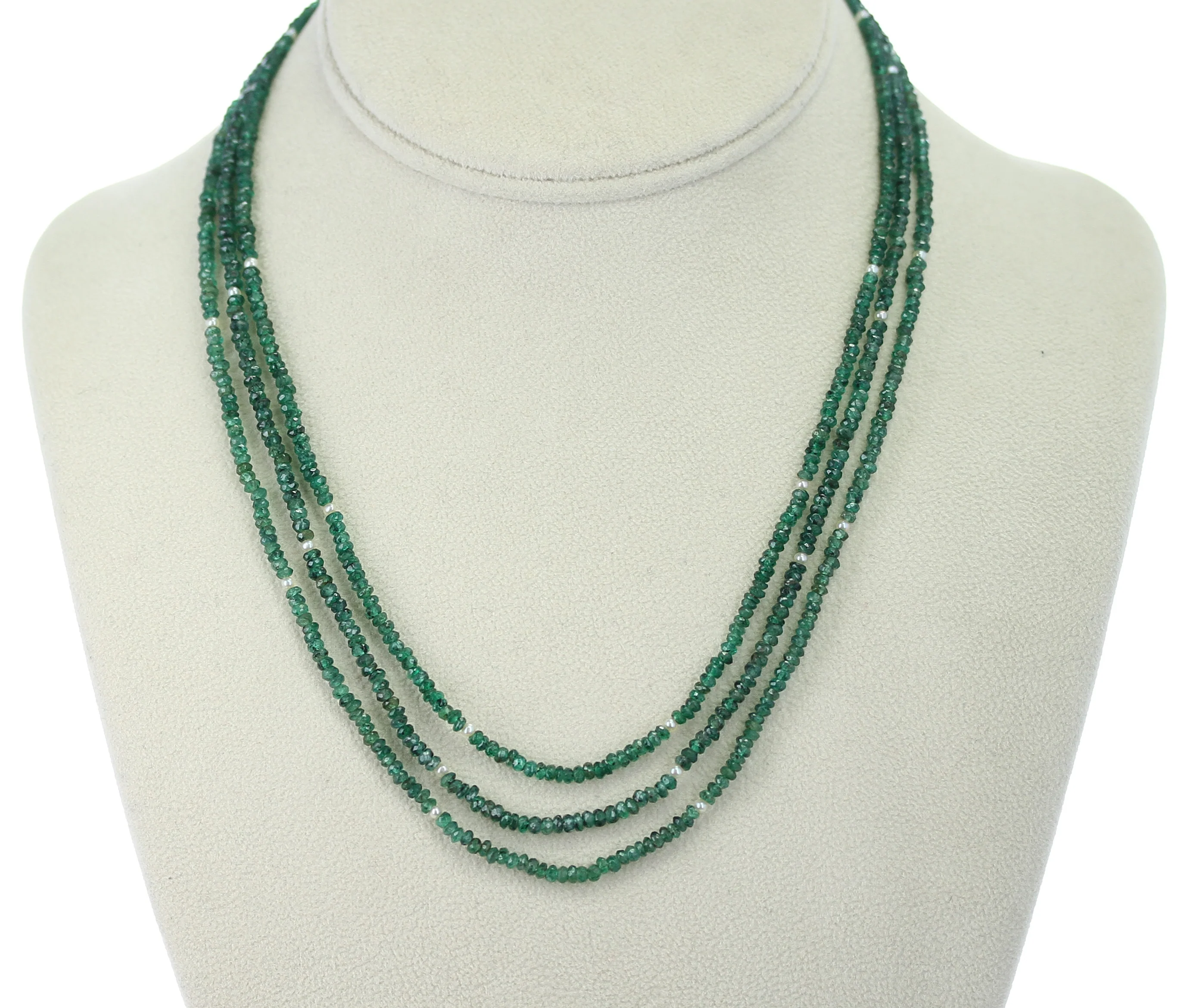 Genuine & Natural Emerald Faceted Beads Necklace with Pearls, 14 Karat