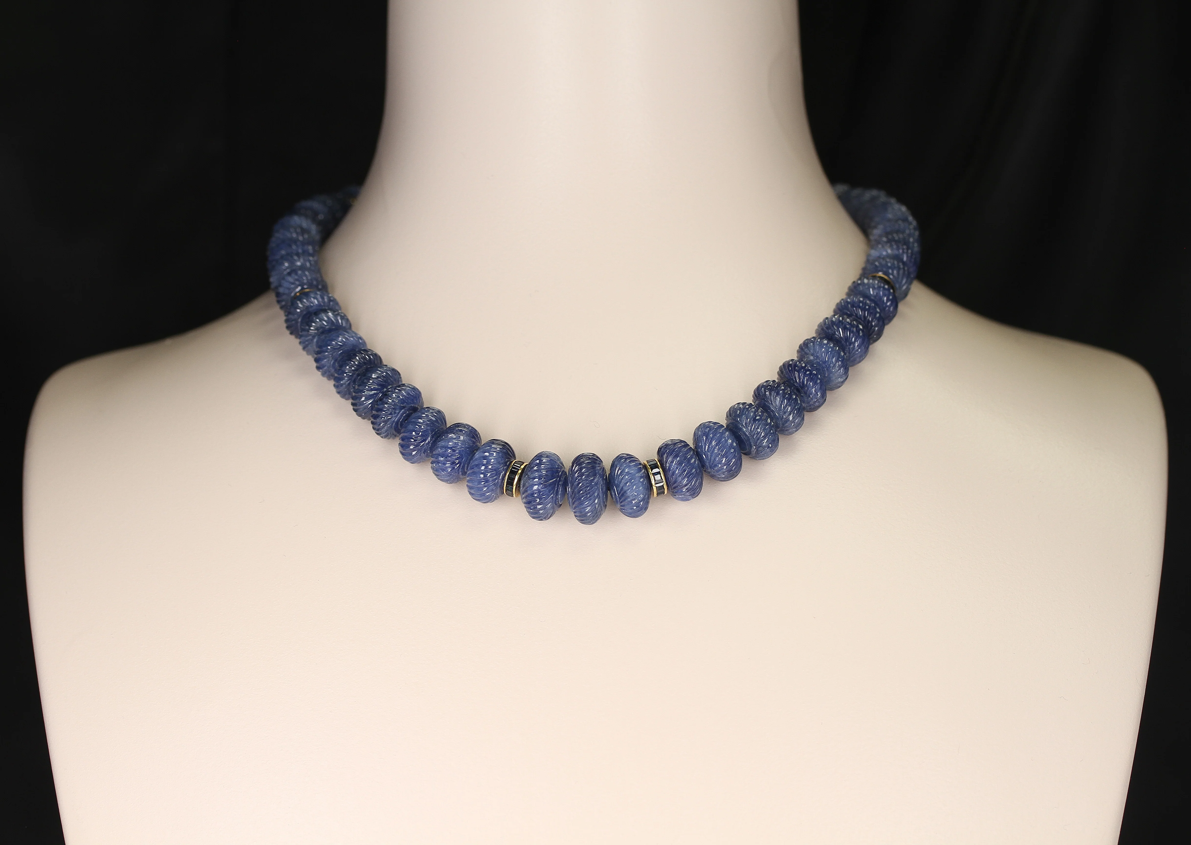 Genuine & Natural Carved Blue Sapphire Beads Necklace with Calibre Sapphire & Gold Spacers