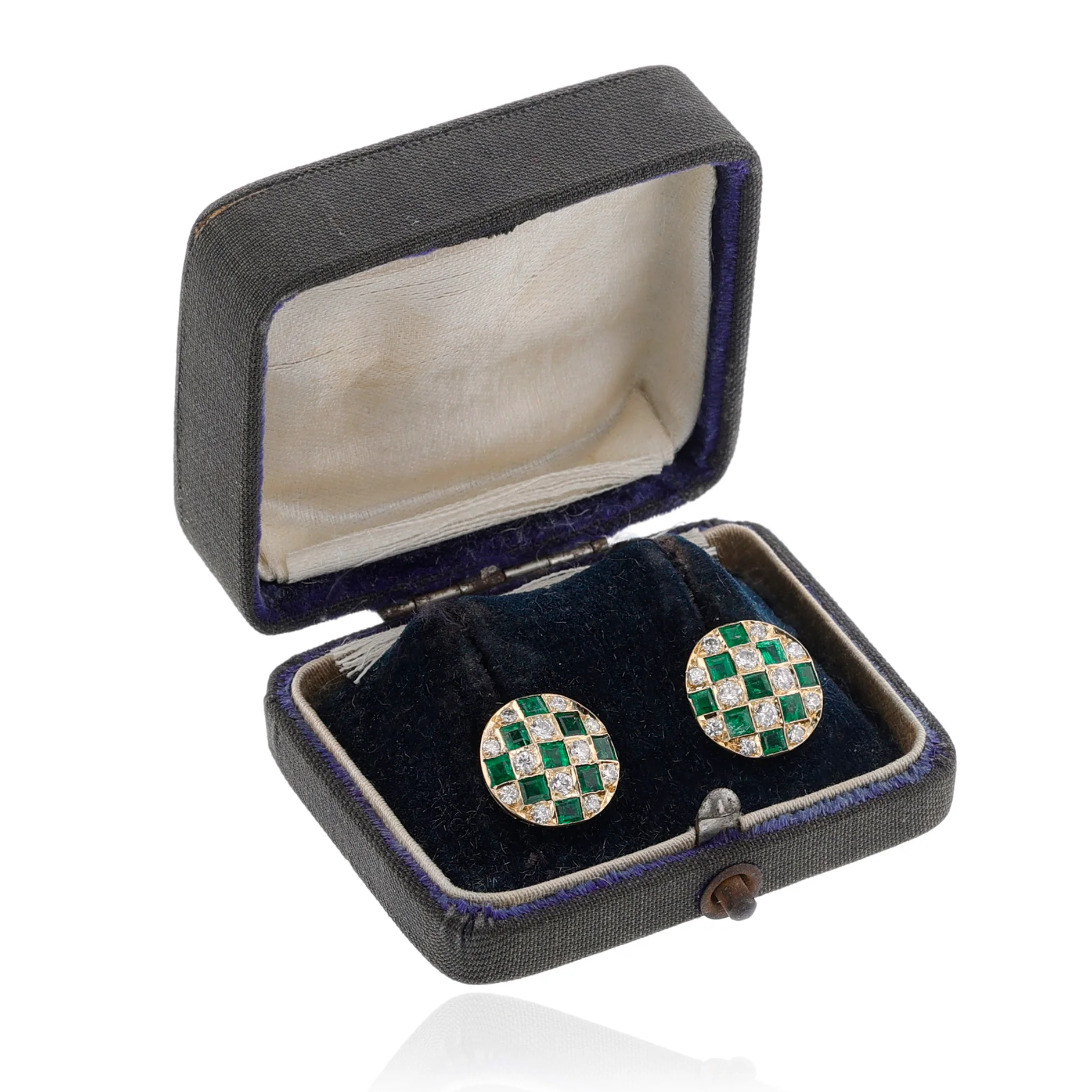 Emerald and Diamond Checkerboard Stud Earrings, 18k