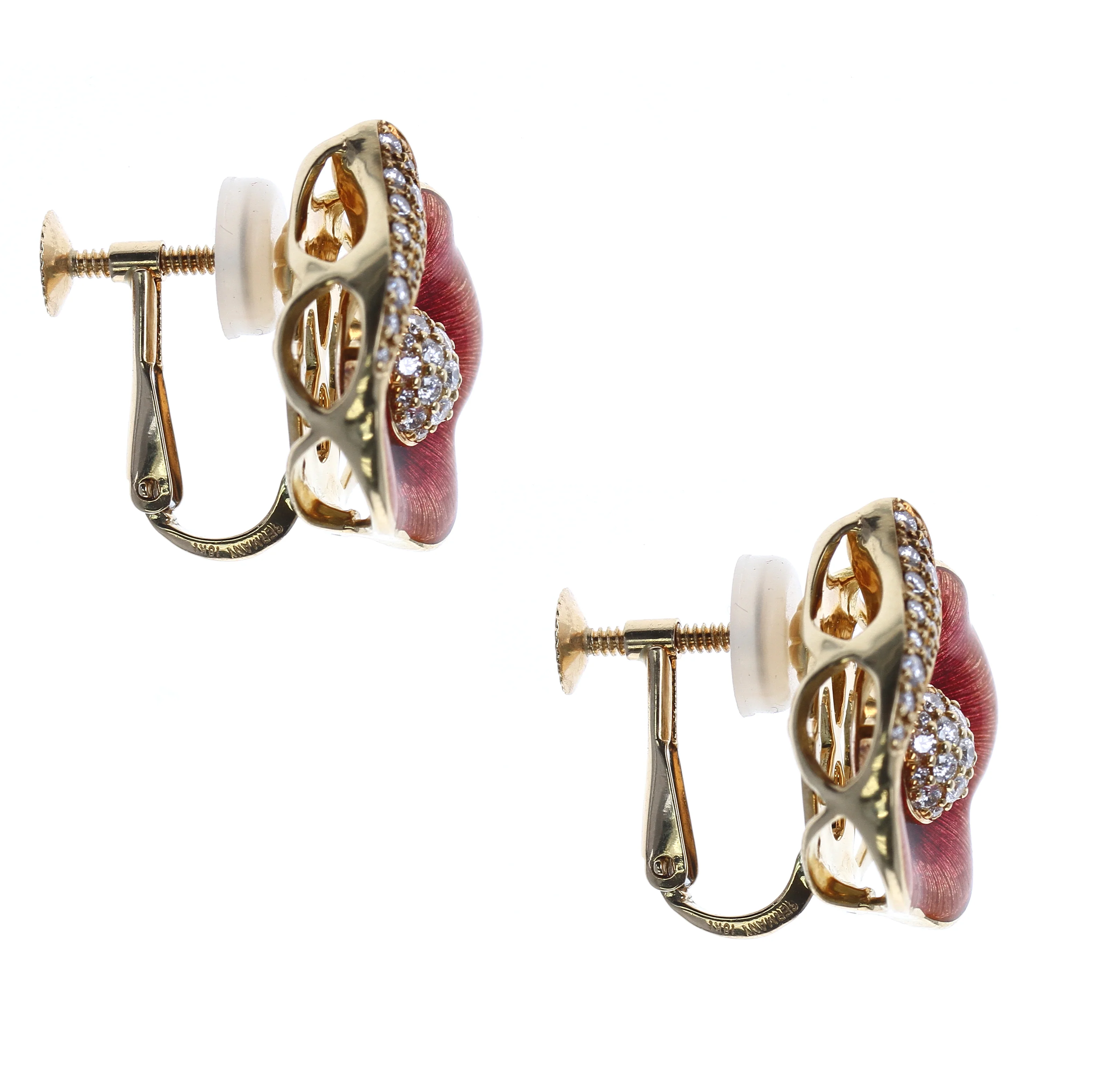 Fabergé Floral Enamel and Diamond Earrings, 18 Karat Yellow Gold