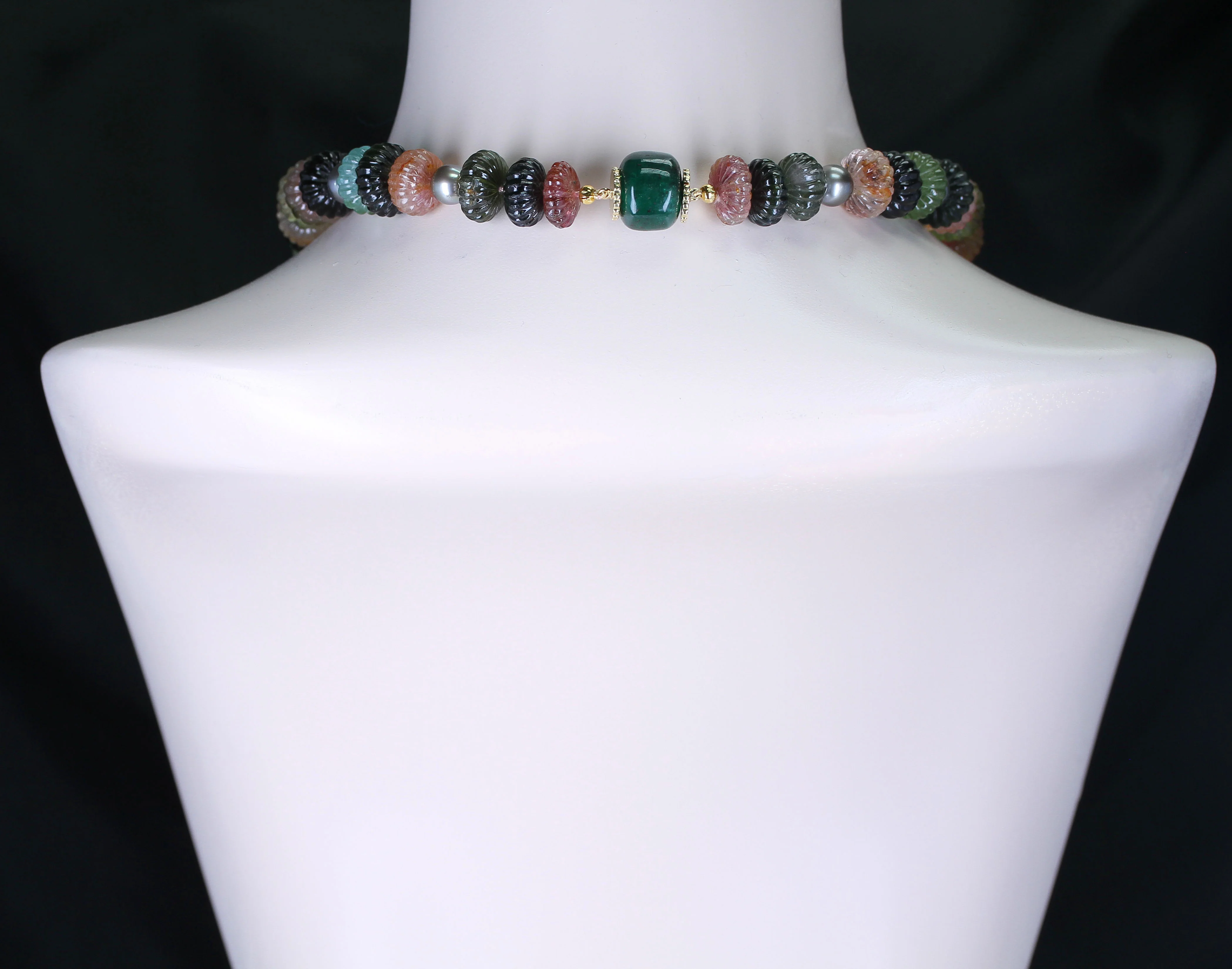 Tourmaline Carved Beads Necklace with Tahitian Pearls and Emerald Clasp