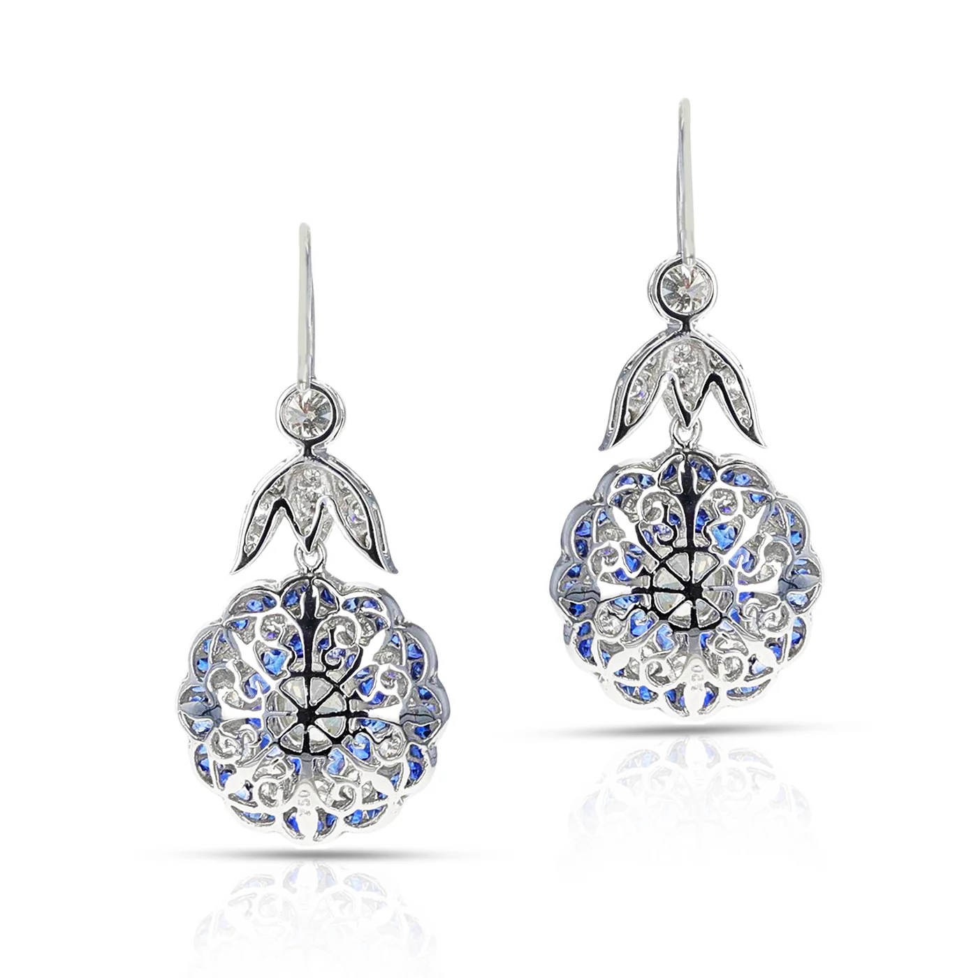 Art Deco Style Diamond Old European-Cut and Sapphire Earrings, 18k White