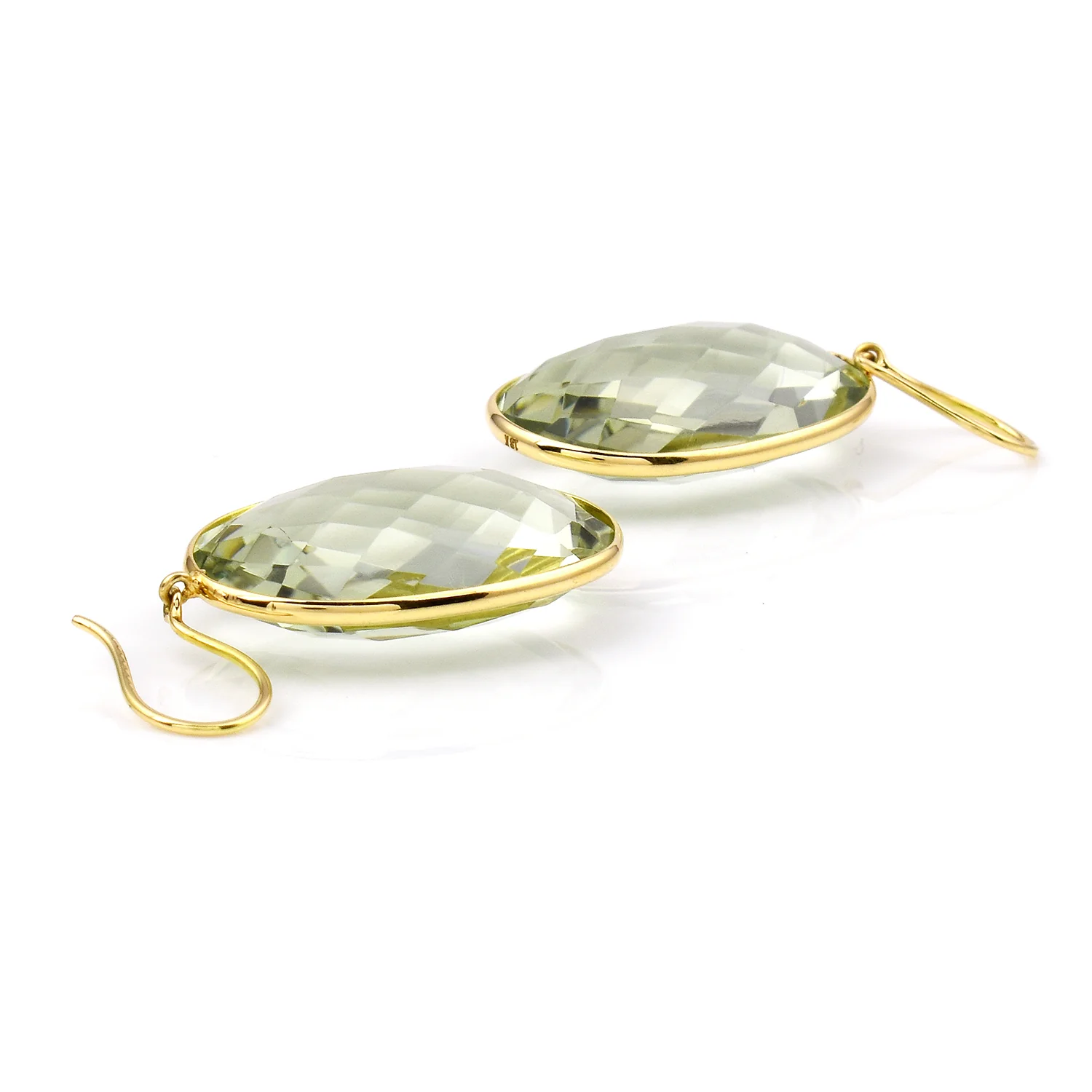 Green Amethyst Oval Shape Dangling Earrings made in 18 Karat Yellow Gold.