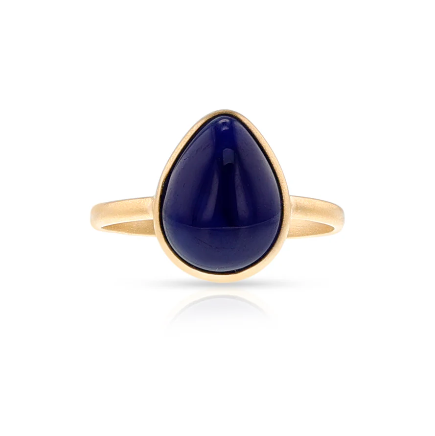 Pear Cabochon Iolite Matte Finish Statement Ring, 18K