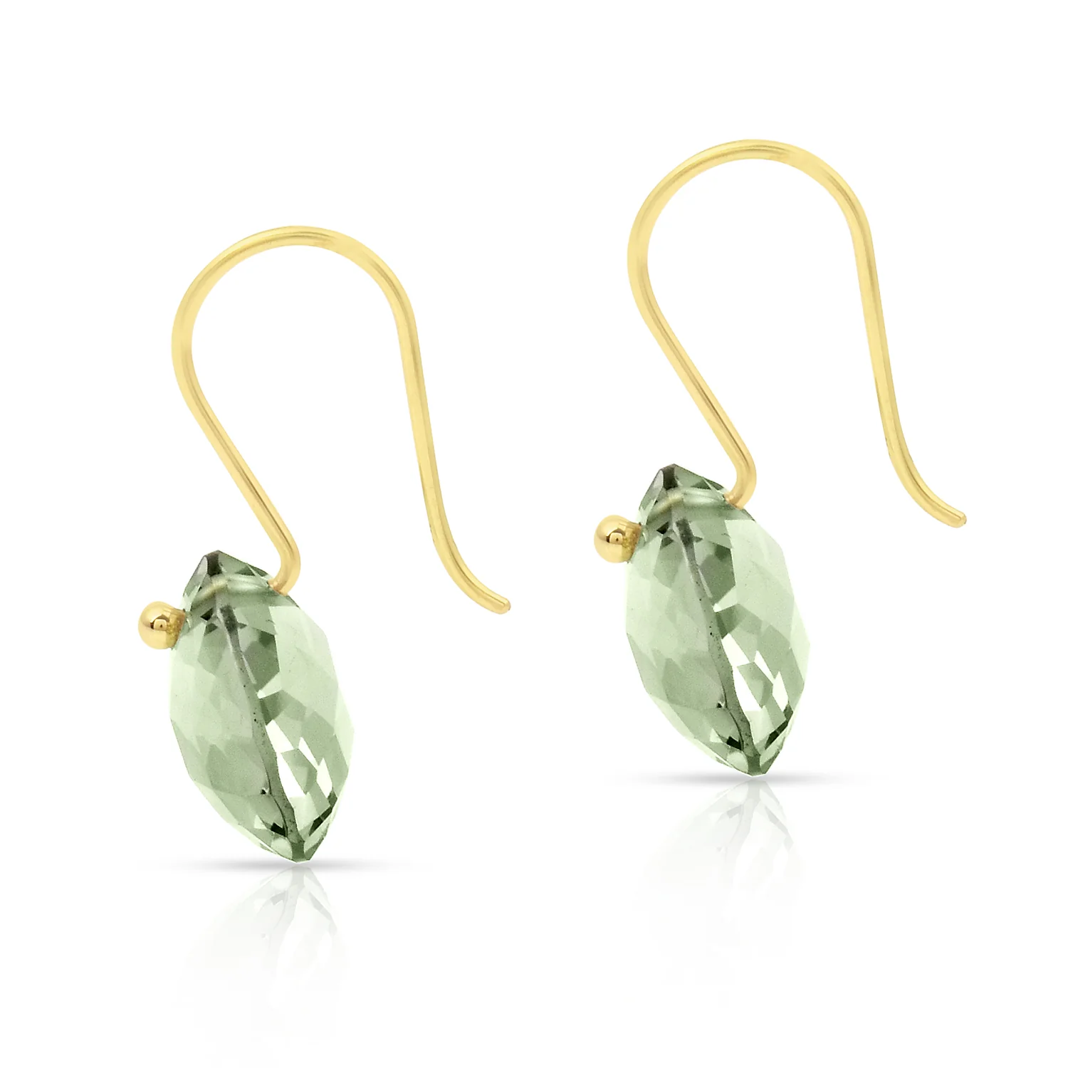Green Amethyst Round Shape Dangling Earrings made in 18 Karat Yellow Gold.