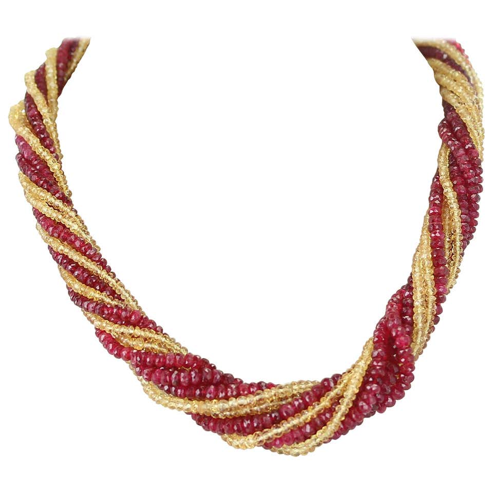 Genuine & Natural Red Spinel and Yellow Sapphire Faceted Beads Choker Necklace