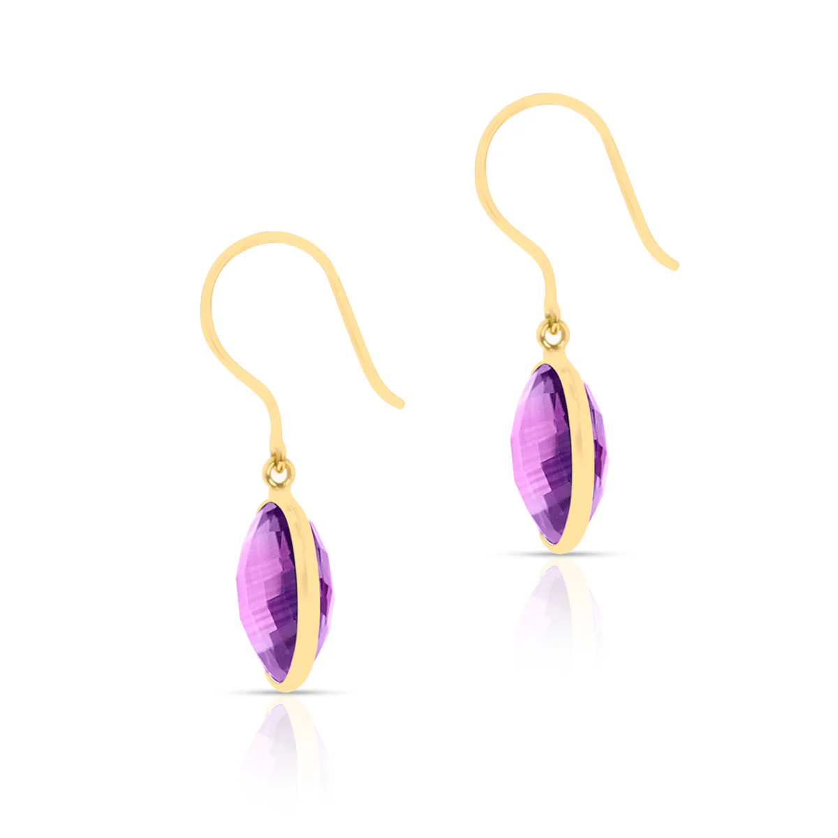 Amethyst Round Shape Dangling Earrings made in 18 Karat Yellow Gold.
