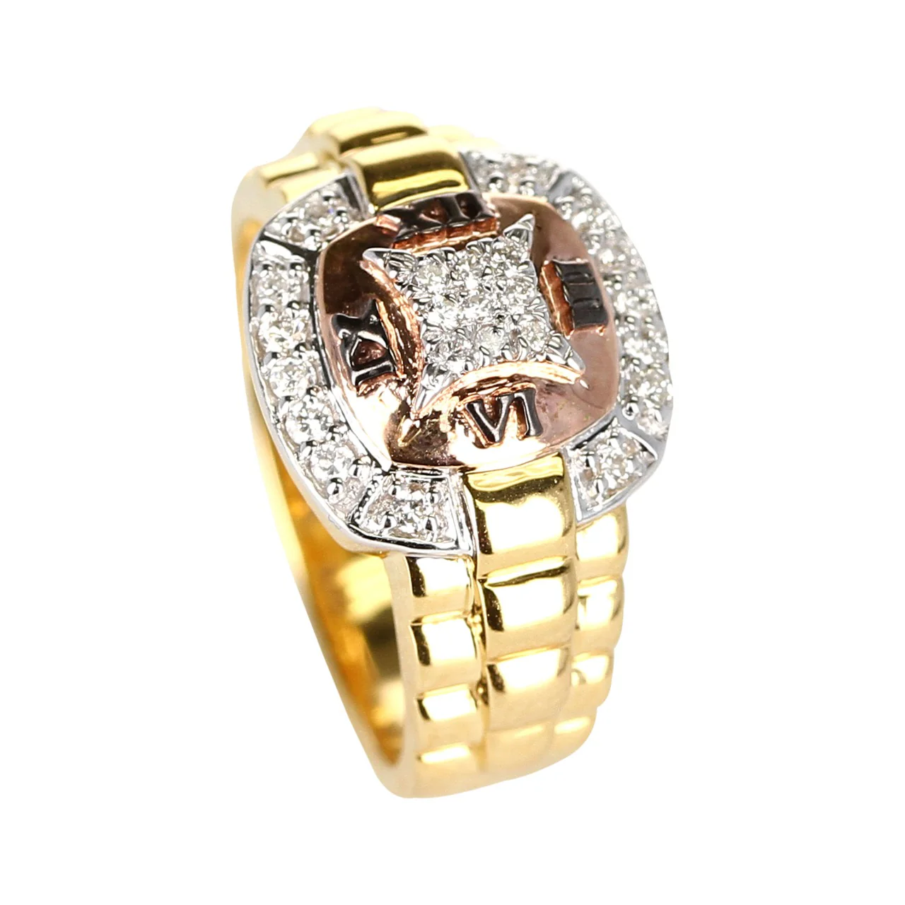 Diamond and Watch Band Style Ring, 14K Yellow and Rose Gold