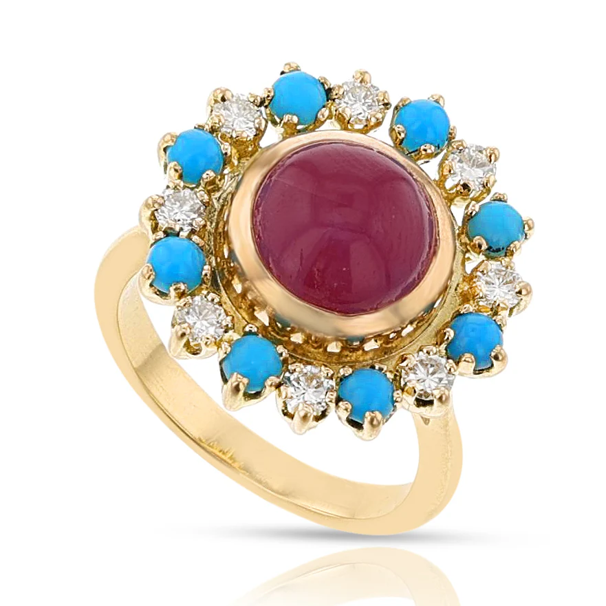 French Turquoise, Diamond and Ruby Ring, 18k