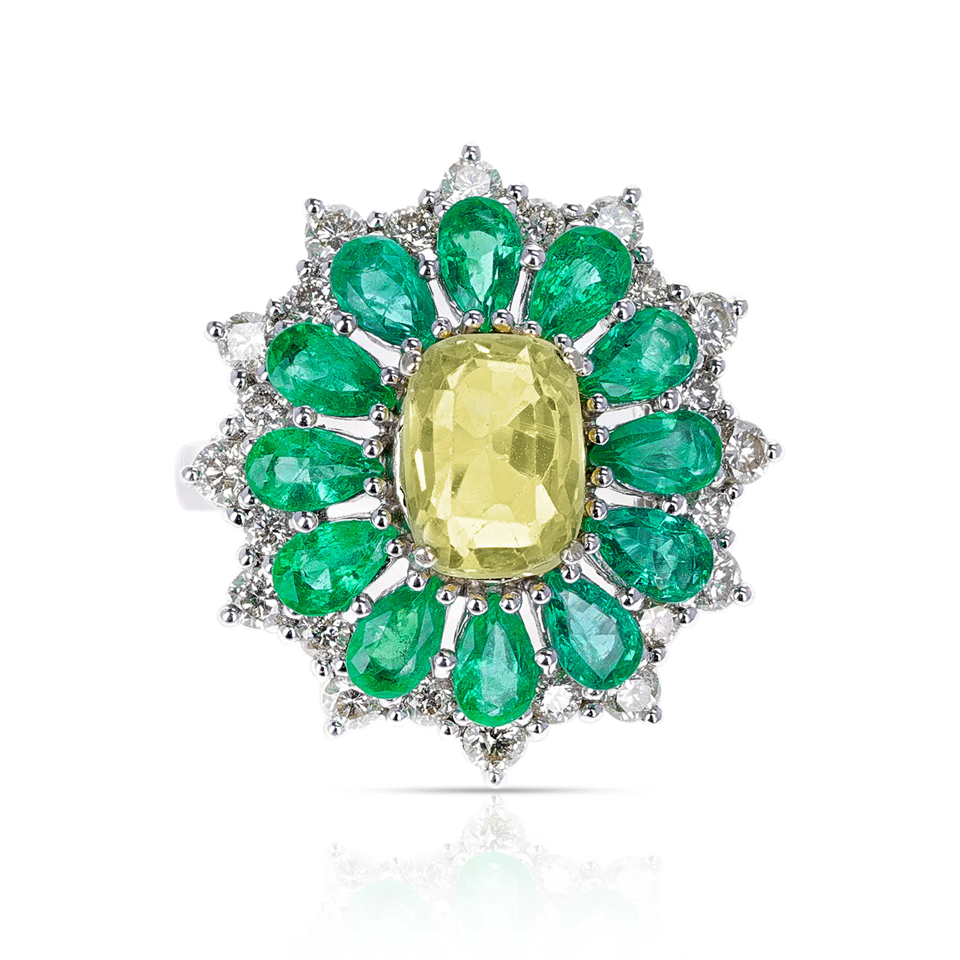 Pear-Shape Emeralds, Round Diamonds, Center Oval Cushion Yellow Sapphire Cocktail Ring