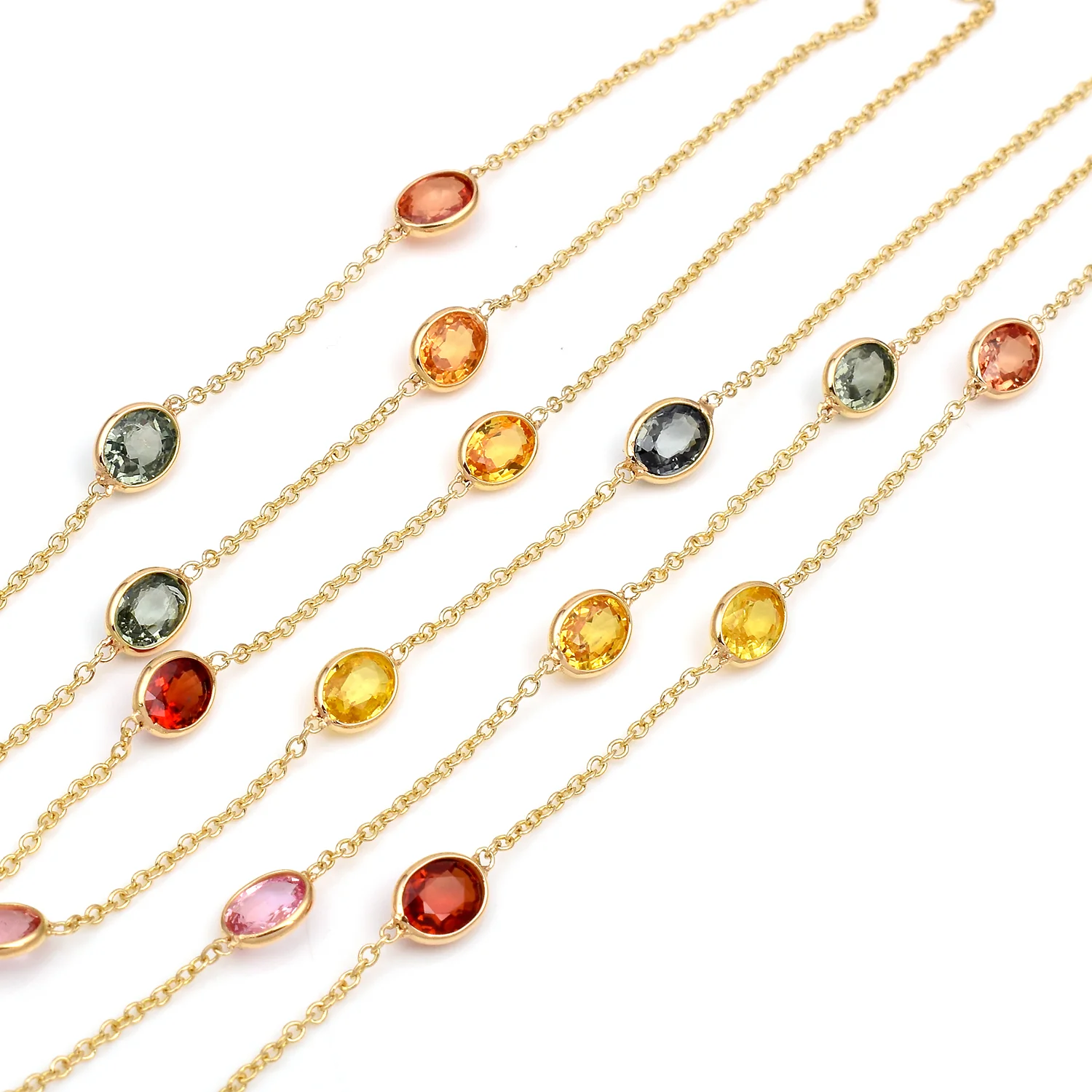 Oval Precious Gemstone Triple Layer Necklace, 18k