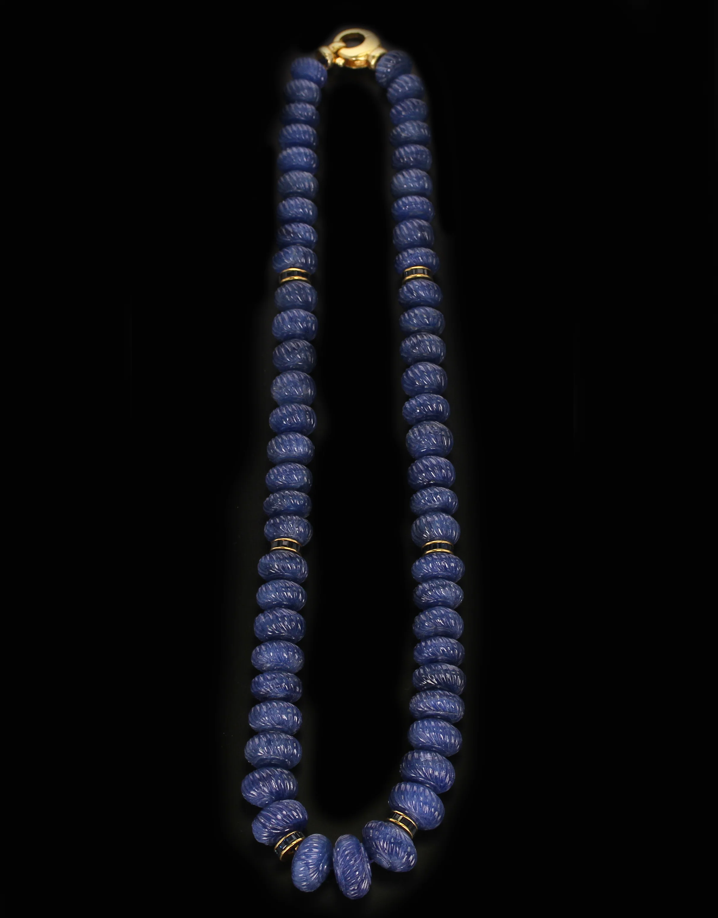 Genuine & Natural Carved Blue Sapphire Beads Necklace with Calibre Sapphire & Gold Spacers