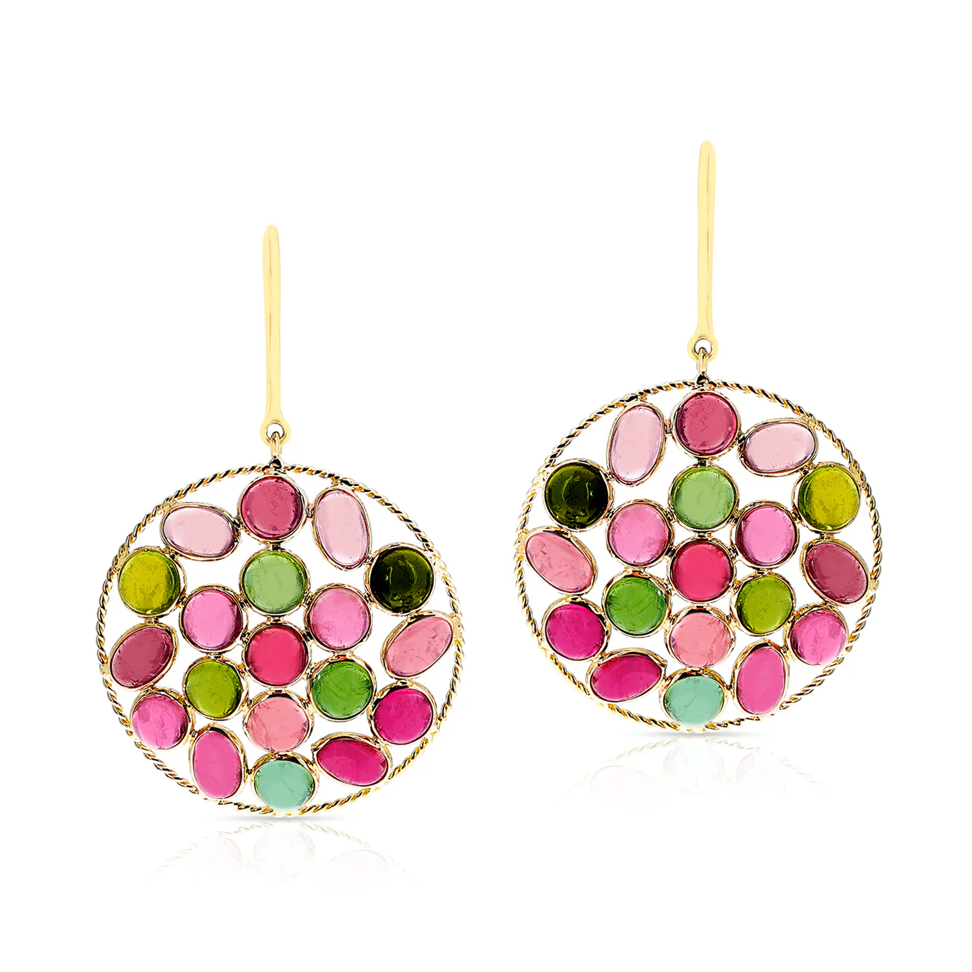 Round Shape Dangling Tourmaline Cabochon Earrings, 18k