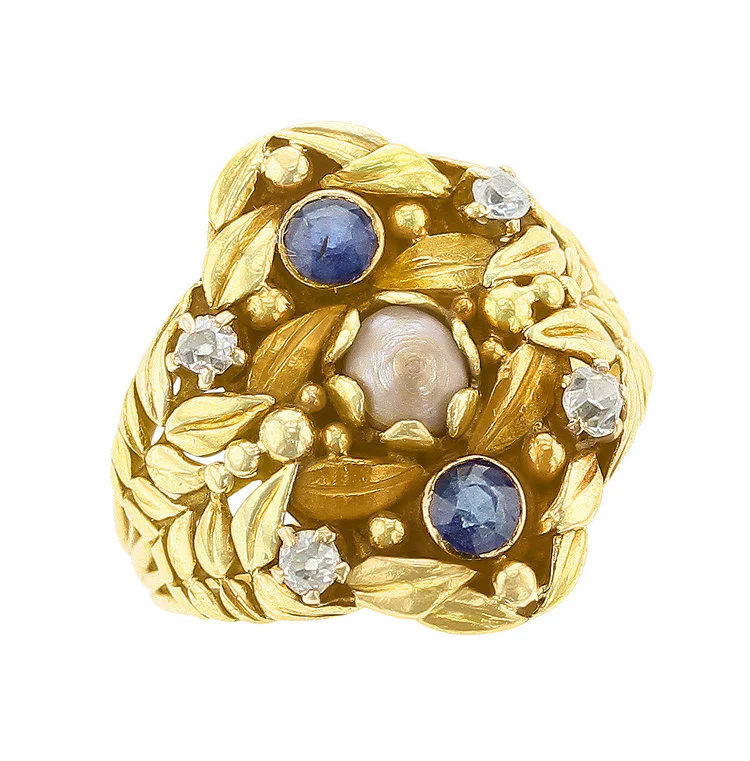 Antique Art Nouveau Pearl Sapphire and Diamond Ring