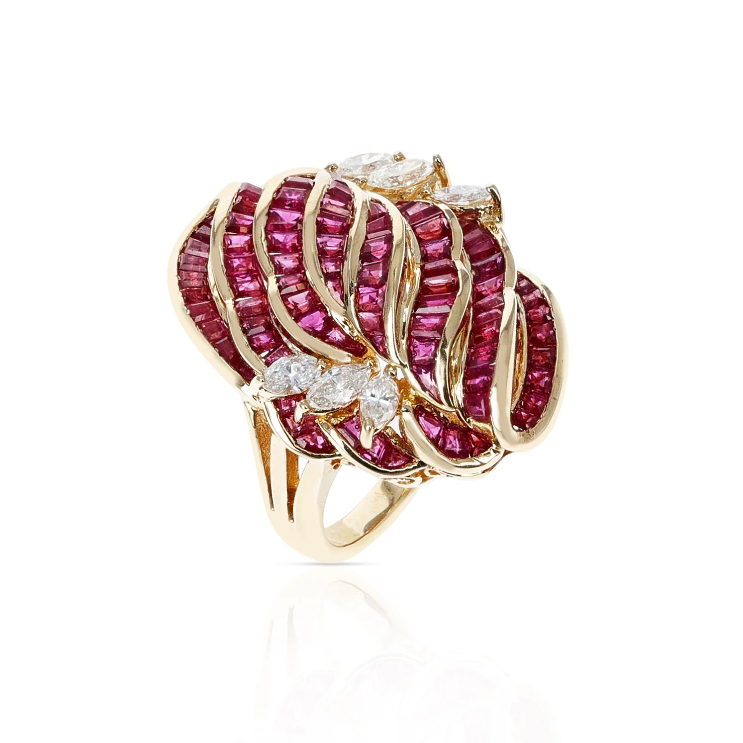 Invisibly Set 8 Row Ruby Flower-Cut Cocktail Ring with Marquise Diamonds, 18K