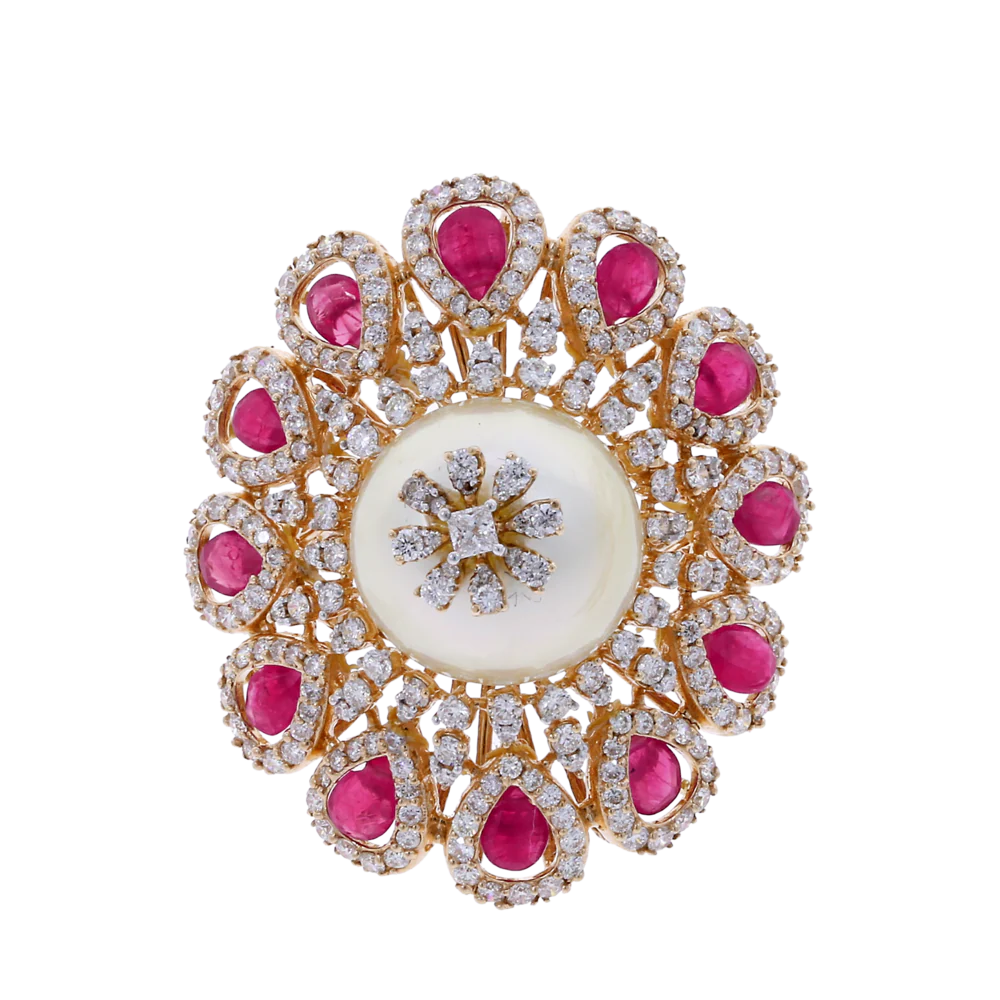 Ruby and Pearl Blooming Flower Ring with Diamonds