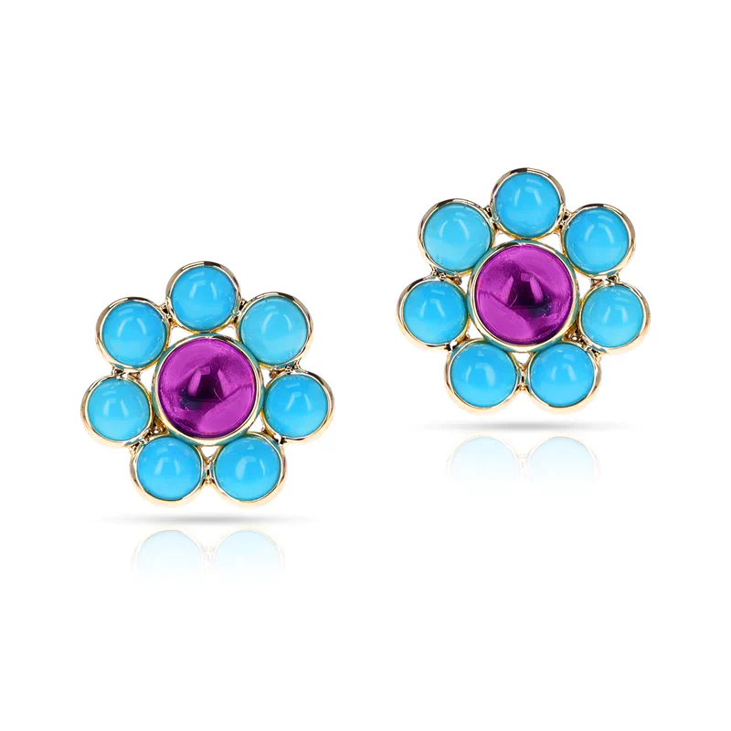 Turquoise and Tourmaline Floral Earrings, 18k Yellow Gold