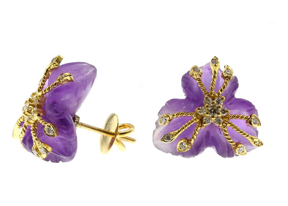 Carved Amethyst Earrings with Diamonds