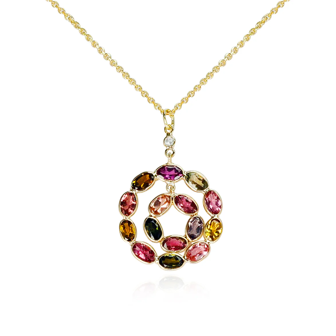 Double Circle Multi-Tourmaline and Diamond Pendant, 18K