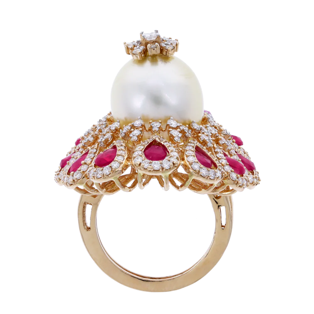 Ruby and Pearl Blooming Flower Ring with Diamonds