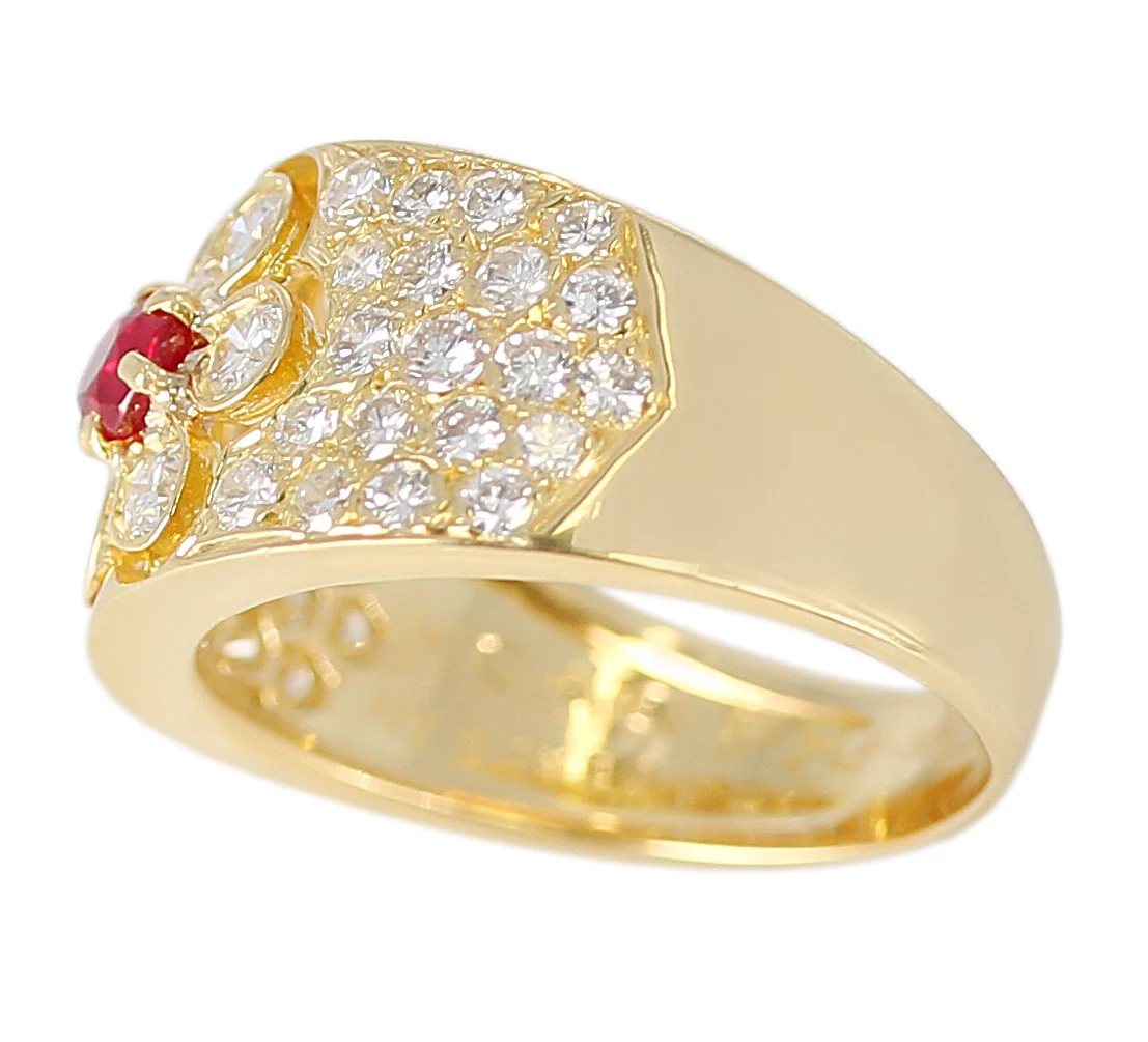 Van Cleef & Arpels Floral Ruby and Diamond Ring, 18K Yellow Gold, with Original VCA Box