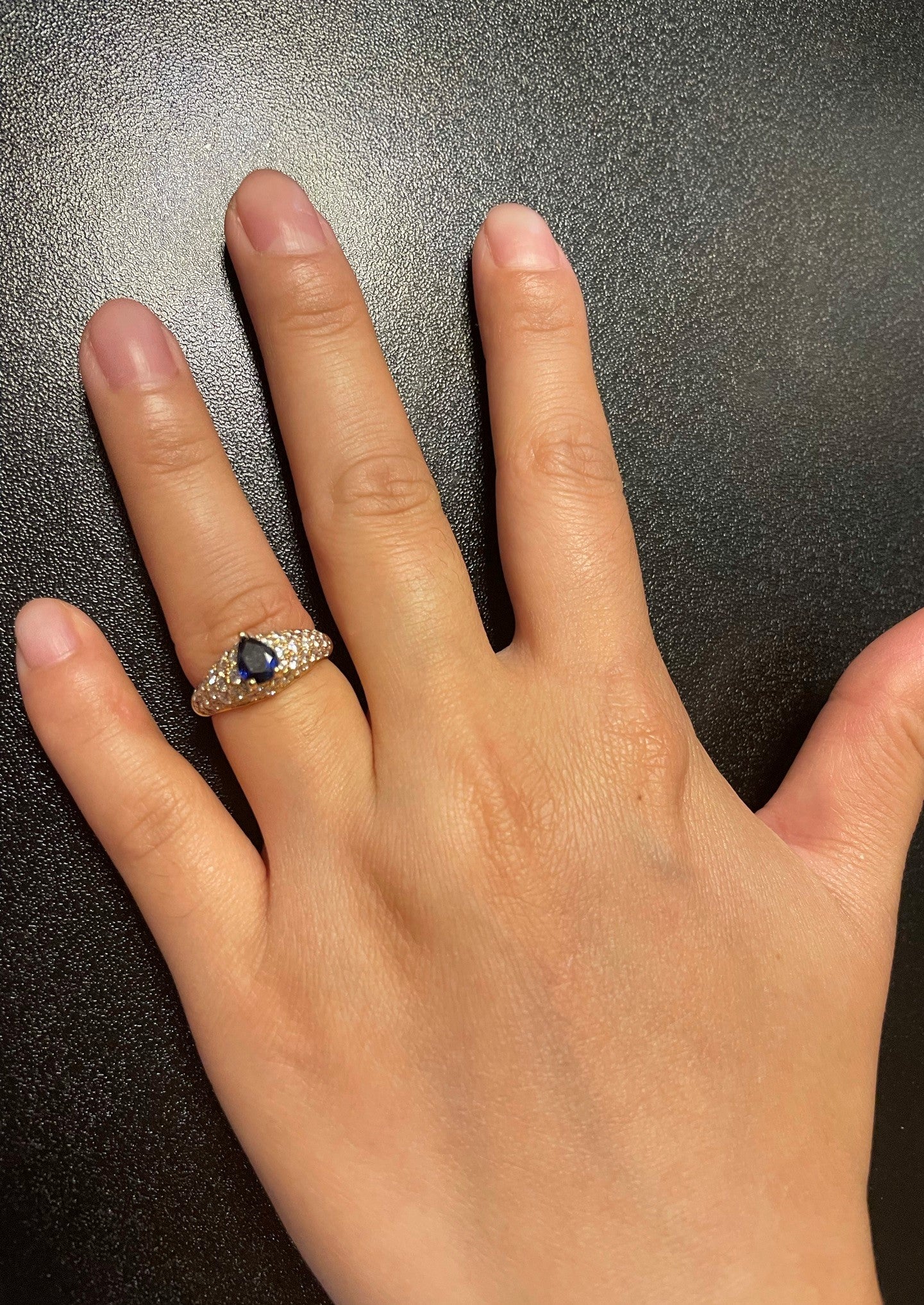 French Cartier Pear Shape Blue Sapphire Ring with Diamonds, 18 Karat Yellow Gold