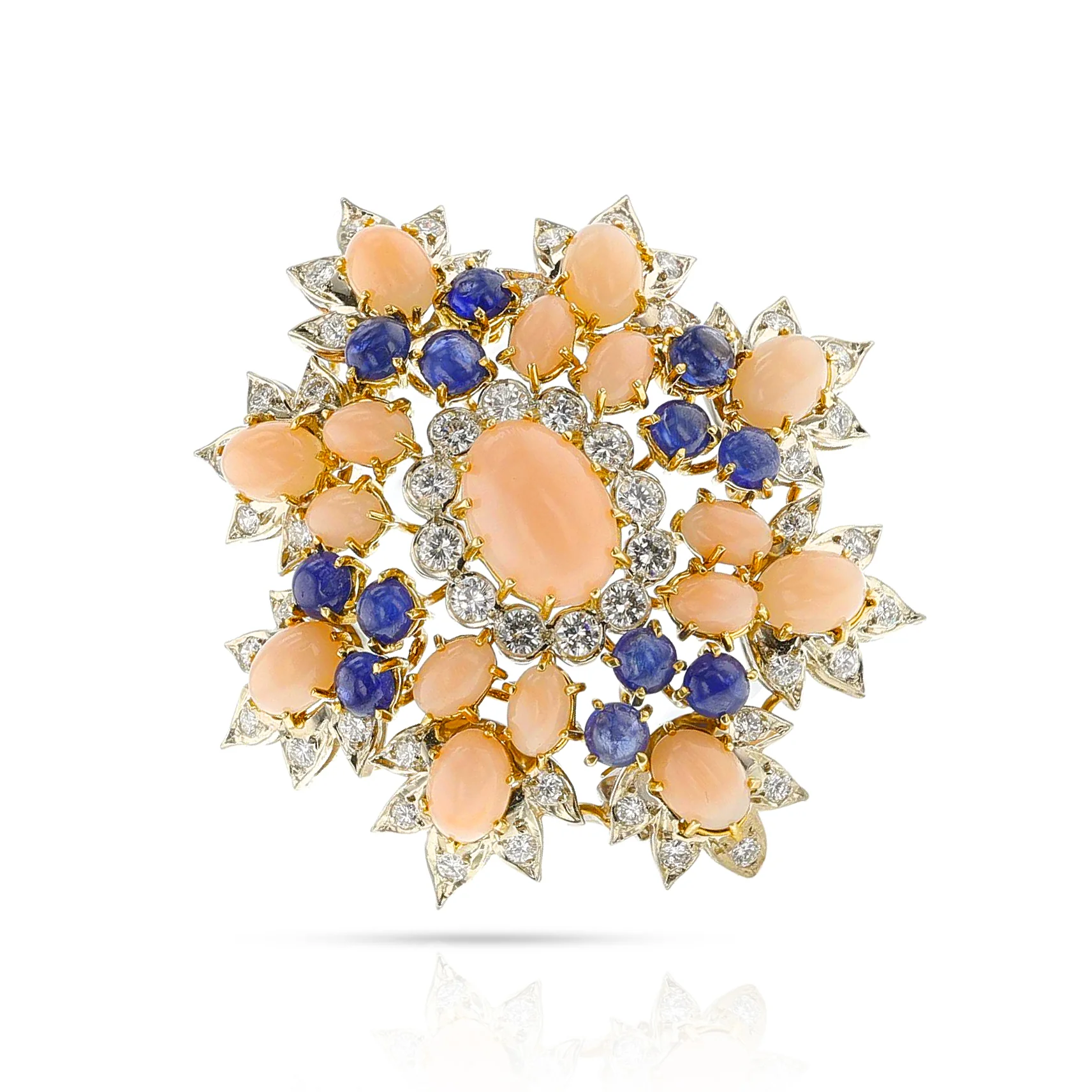 David Webb Coral, Sapphire and Diamond Brooch, Gold & Platinum
