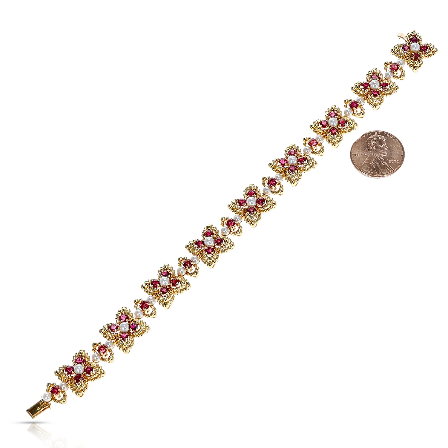 French Alexandre Reza 7.41 ct. Ruby and Pearl Bracelet with French Marks, 18K
