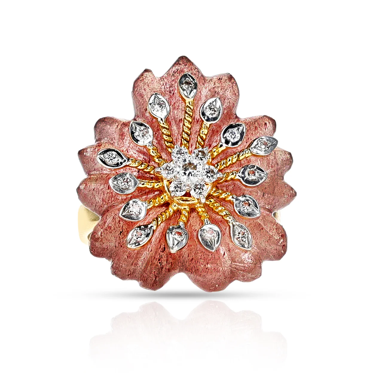 Strawberry Quartz Carved Floral Ring with 14k Gold and Diamonds